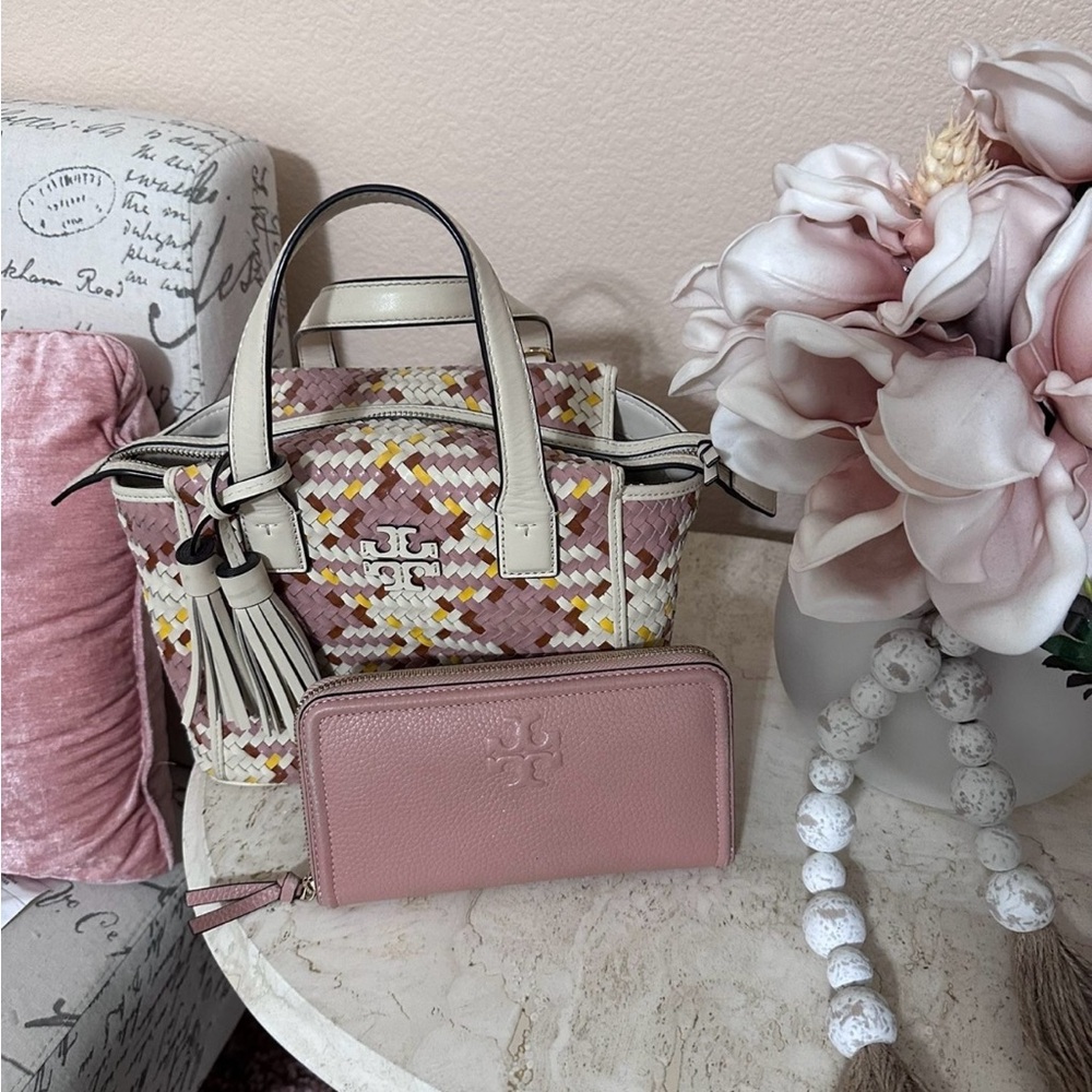 Tory Burch Pink and Cream Woven Tote Bag